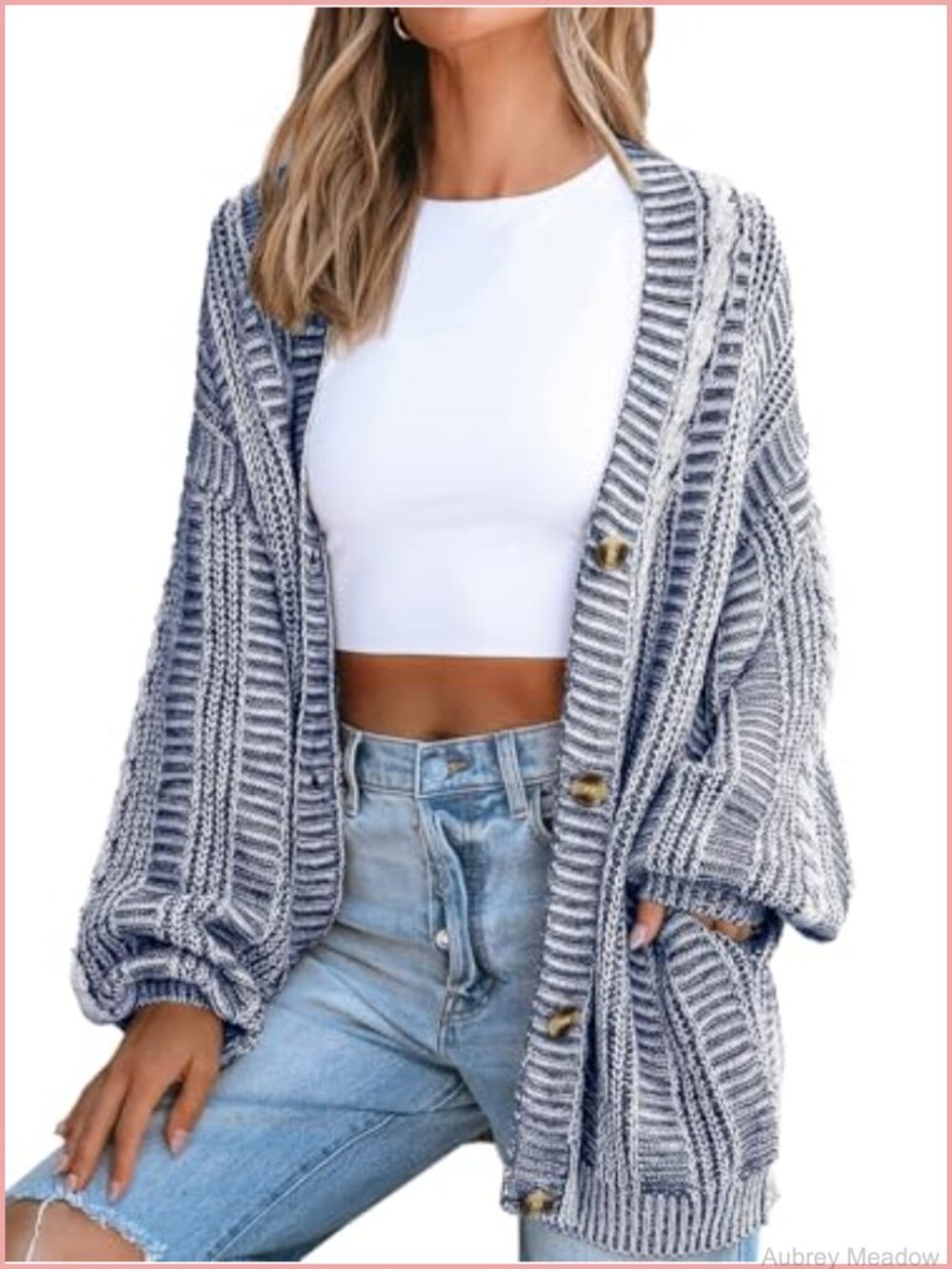 Chunky Knit Open Front Cardigan Sweater Drop Shoulder Pockets